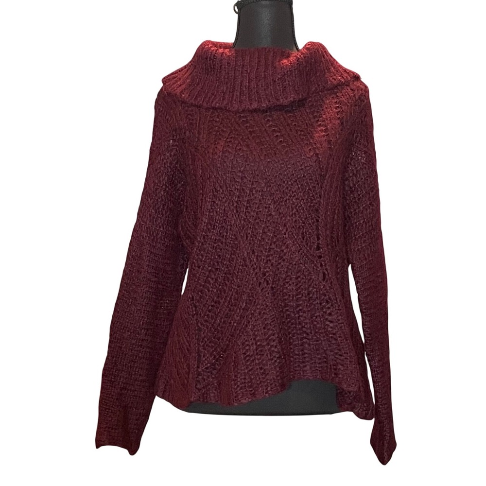 Eileen Fisher Mohair Wool Blend Cowl Neck Chevron Knit Sweater Burgundy XS